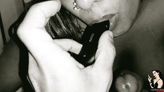 Paty Angel smoking and giving a blowjob to the married boss's dick