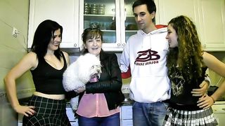 Older teacher giving sex lessons to a young college couple - Profesora mayor dando clases de sexo a una joven pareja universitaria