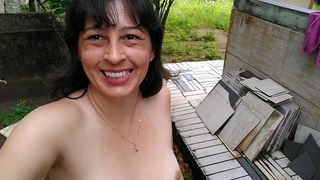 WIFE WALKING AROUND NAKED OUTSIDE. SHE PEES AND TOUCHES HERSELF.