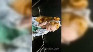 Bitch enters the elevator with a stranger and sucks his dick until he asks to put it in her pussy and cum in her mouth at the end