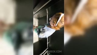 Bitch enters the elevator with a stranger and sucks his dick until he asks to put it in her pussy and cum in her mouth at the end
