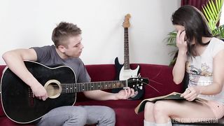 Brunette teen in socks wants to learn how to play guitar and enjoying anal