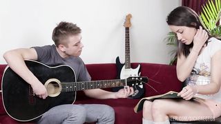 Brunette teen in socks wants to learn how to play guitar and enjoying anal