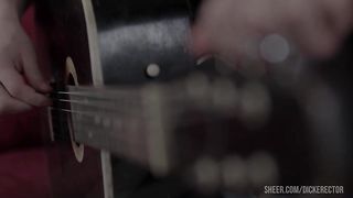 Brunette teen in socks wants to learn how to play guitar and enjoying anal