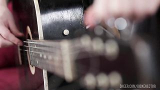 Brunette teen in socks wants to learn how to play guitar and enjoying anal