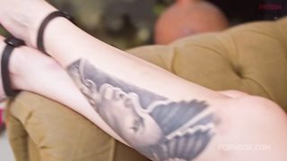 Dominatrix in a BDSM movie featuring footworship, facesitting, and finishing with penetration using a big, thick dildo