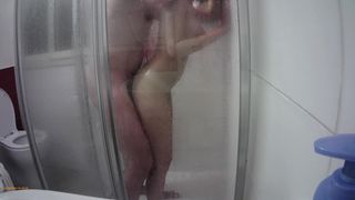 Shower scene number 3, taking my husband cock on throat, pussy and ass.