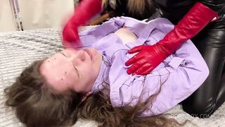 Faceslapping and hand over mouth in red long leather gloves