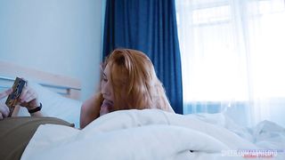 Hot tall redheaded wife! Fucked his bride on the bed! Tall girl with big breasts and huge ass riding on my cock!