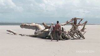 Sexy brunette comes riding and gets fucked by two at the beach