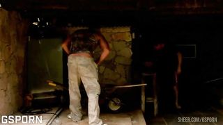 Hot asian milf fucked in anal threesome by garden boys