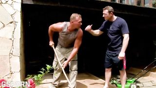 Hot asian milf fucked in anal threesome by garden boys