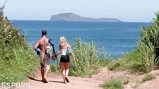 Nice anal threesome in the beach fucking a sexy blonde girl