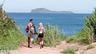 Nice anal threesome in the beach fucking a sexy blonde girl