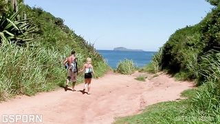 Nice anal threesome in the beach fucking a sexy blonde girl