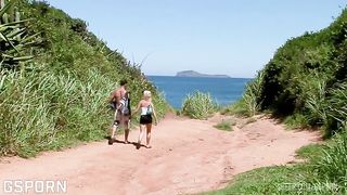 Nice anal threesome in the beach fucking a sexy blonde girl