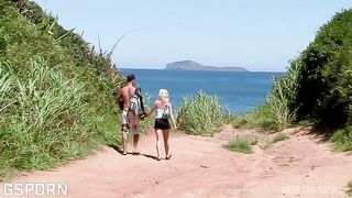 Nice anal threesome in the beach fucking a sexy blonde girl
