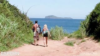 Nice anal threesome in the beach fucking a sexy blonde girl