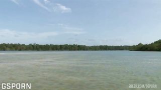 Hot black blonde girl has hot anal sex in threesome on the beach