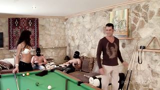 Fucking the ass of sexy brunette girl in hot foursome
