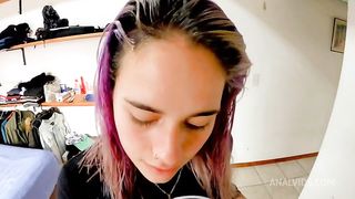teen is fucked by her small pussy and big ass, prolapses and swallows cum from cock