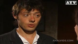 Italian slut Jessica Fiorentino with pussy hair and brunette hair fucked in the ass by a big cock and gets her mouth filled