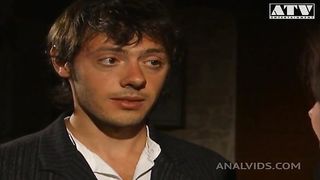 Italian slut Jessica Fiorentino with pussy hair and brunette hair fucked in the ass by a big cock and gets her mouth filled