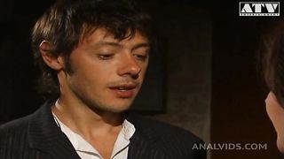 Italian slut Jessica Fiorentino with pussy hair and brunette hair fucked in the ass by a big cock and gets her mouth filled