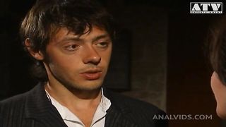 Italian slut Jessica Fiorentino with pussy hair and brunette hair fucked in the ass by a big cock and gets her mouth filled