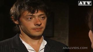 Italian slut Jessica Fiorentino with pussy hair and brunette hair fucked in the ass by a big cock and gets her mouth filled