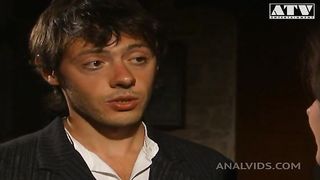 Italian slut Jessica Fiorentino with pussy hair and brunette hair fucked in the ass by a big cock and gets her mouth filled