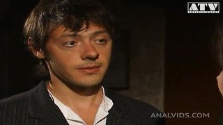 Italian slut Jessica Fiorentino with pussy hair and brunette hair fucked in the ass by a big cock and gets her mouth filled