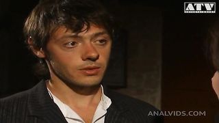 Italian slut Jessica Fiorentino with pussy hair and brunette hair fucked in the ass by a big cock and gets her mouth filled