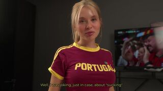 WANNA FUCK ME? HORNY PORTUGAL FAN IN SEXY JERSEY GETS LOADED WITH CUM DURING FOOTBALL MATCH!