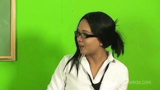 Young Asian trans teacher fucked hard by her student and let him suck her cock