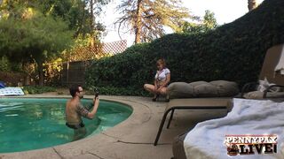 PENNY PAX LIFTS HER MICRO PLAID SKIRT EXPOSING HER PUSSY BY THE POOL!