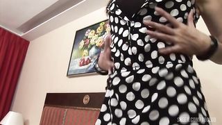 Coming home from work, the beauty trans gives herself pleasure by masturbating her penis