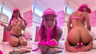 NYMPHO FOOT WHORE SUCKING AND RIDING A DILDO