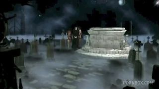 Two sexy slut and a priest fucking in a graveyard