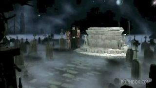 Two sexy slut and a priest fucking in a graveyard