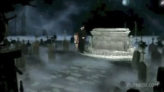 Two sexy slut and a priest fucking in a graveyard