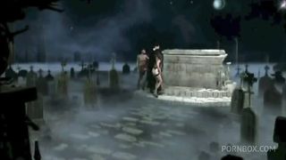 Two sexy slut and a priest fucking in a graveyard