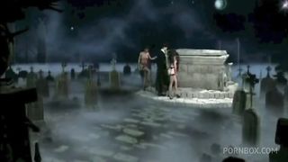 Two sexy slut and a priest fucking in a graveyard