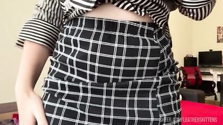 juicy big-breasted brunette fucks herself in the mouth in one costume then in the pussy in another