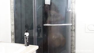 Shower with double anal fisting; Dildo and one hand togheter