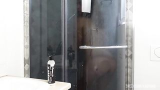 Shower with double anal fisting; Dildo and one hand togheter