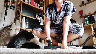 Fat italian stepmom vacuums carpet and very dirty floor