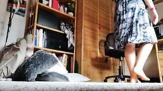 Fat italian stepmom vacuums carpet and very dirty floor