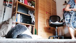 Fat italian stepmom vacuums carpet and very dirty floor