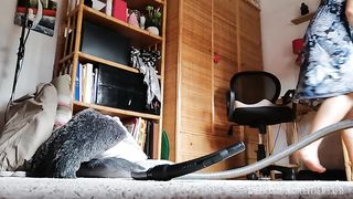 Fat italian stepmom vacuums carpet and very dirty floor